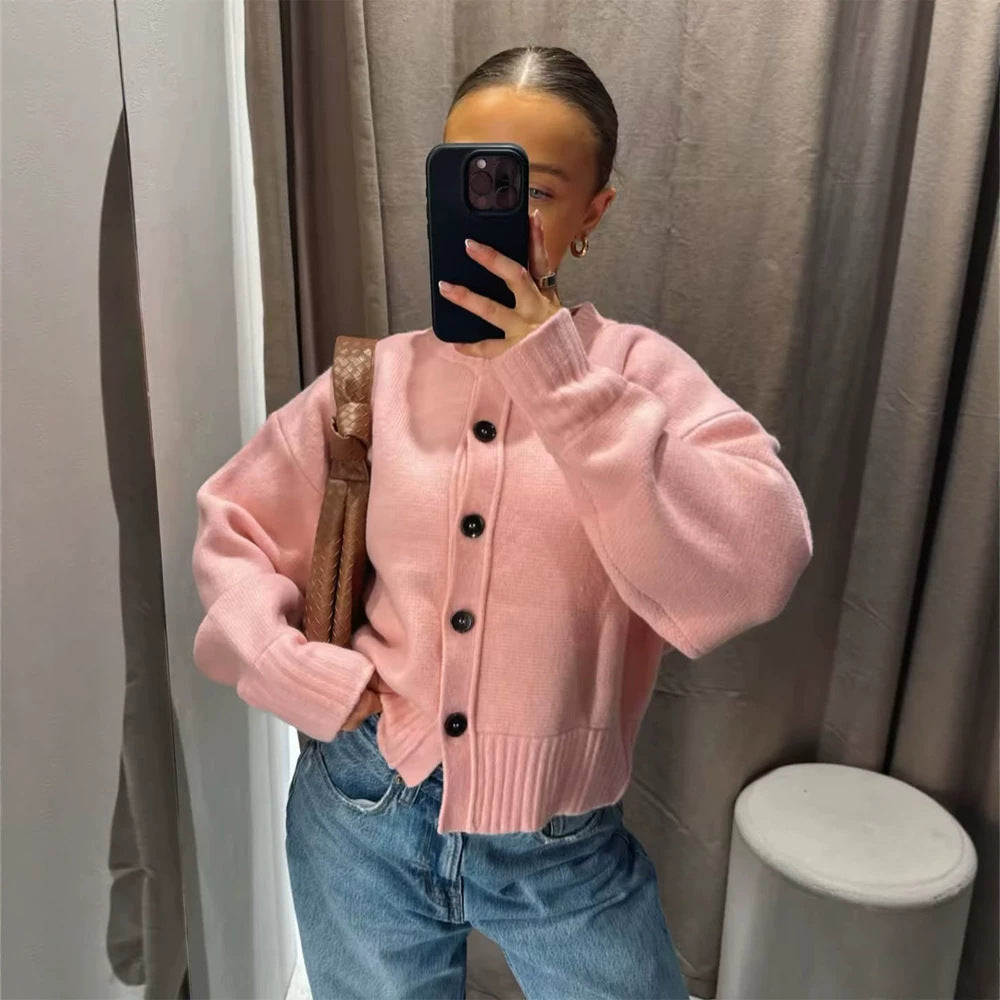 Women's Short Boxy Cardigan with Large Button Placket, Ribbed Hem & Volume Sleeves Mune Fashion