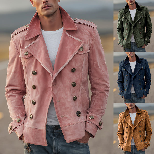 Men's Double-Breasted Suede Jacket in Aviator Style with Epaulettes Mune Fashion