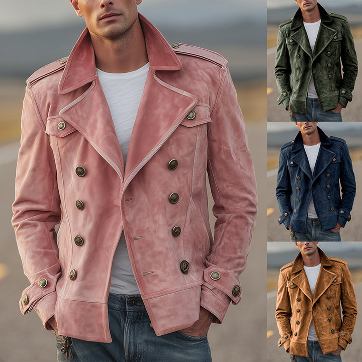 Men's Double-Breasted Suede Jacket in Aviator Style with Epaulettes Mune Fashion
