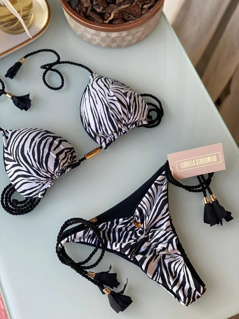 Ladies' triangle bikini with trendy leopard pattern and decorative tassels Mune Fashion