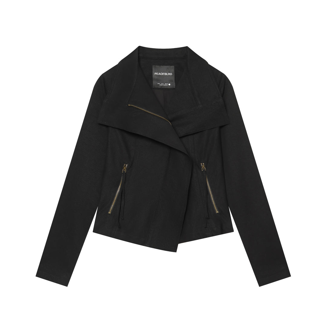 Ladies Asymmetrical Transitional Jacket with Wide Lapel and Drawstring Hood