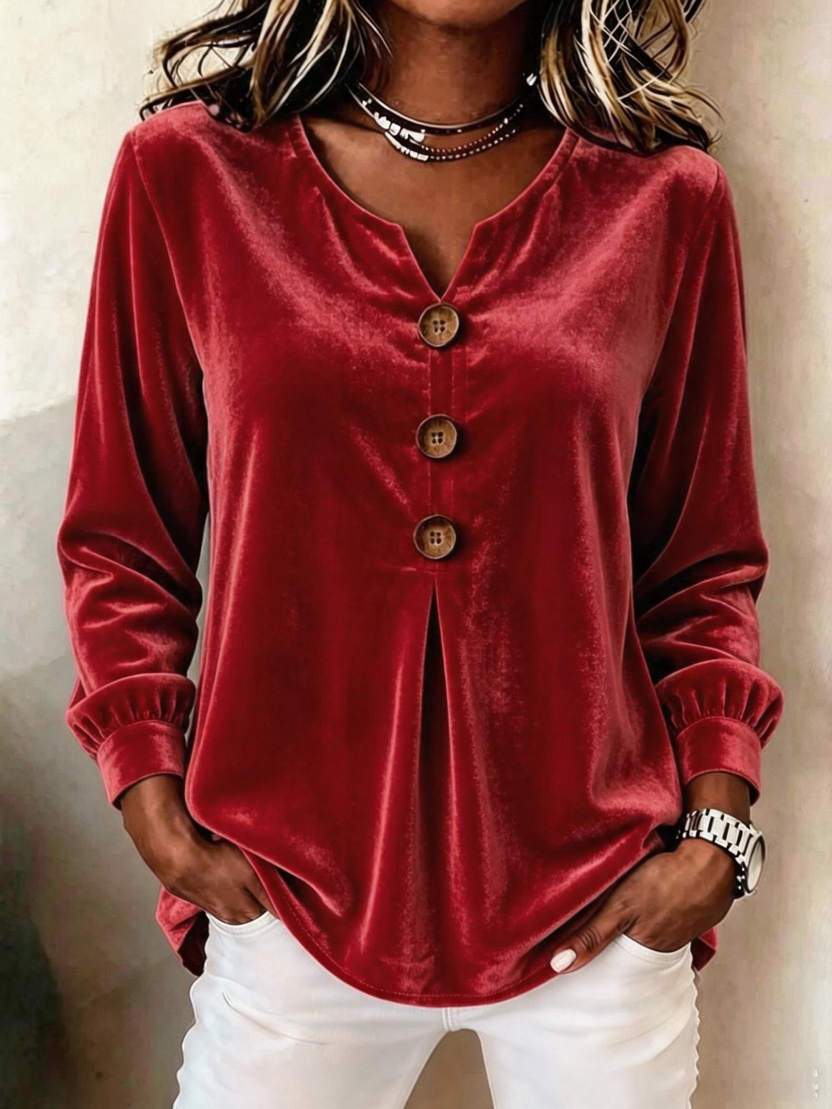 Women's Velvet Tunic with Decorative Buttons and Gathered Sleeve Cuffs Mune Fashion