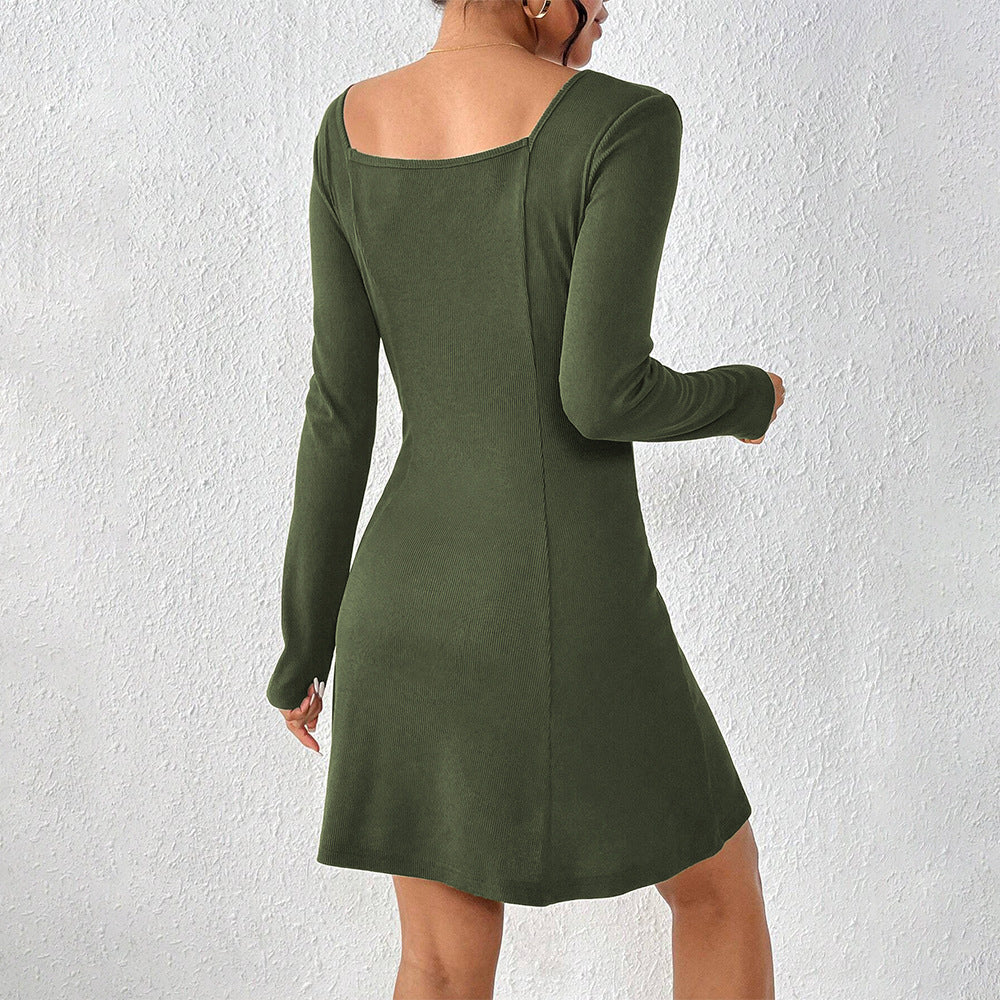 Women’s flared knit corset dress with continuous button placket, square neck and figure-shaping dividing seams Mune Fashion