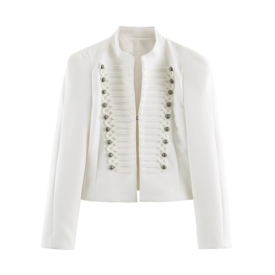 Women Short Cut Military Blazer with Stand Collar, Decorative Cords and Structured Silhouette Mune Fashion