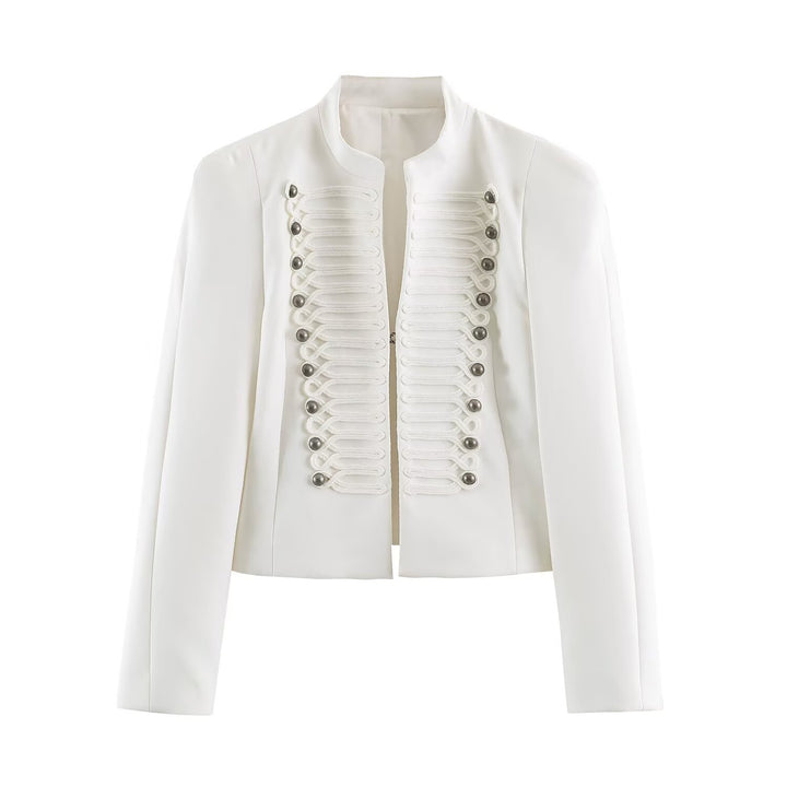 Women Short Cut Military Blazer with Stand Collar, Decorative Cords and Structured Silhouette Mune Fashion