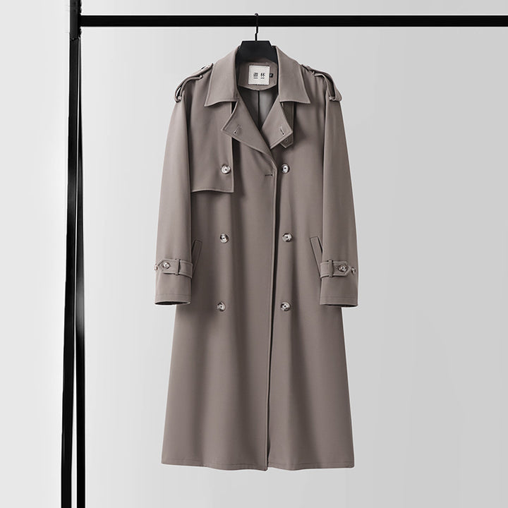 Men's knee-length double-breasted trench coat with epaulettes, storm flap, and cuff strap Mune Fashion