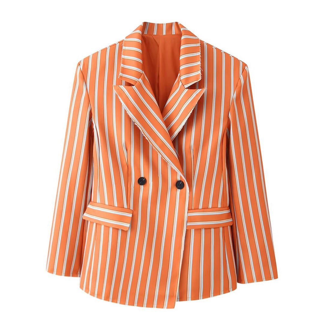 Women Double-breasted Stripe Blazer with Distinctive Lapels and Flap Pockets Mune Fashion