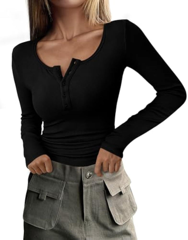 Women Long Sleeve Ribbed Shirt with Henley Button Placket and Tailored Fit Drune