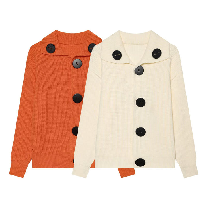 Women's chunky knit waffle texture cardigan with oversized buttons and shawl collar Mune Fashion