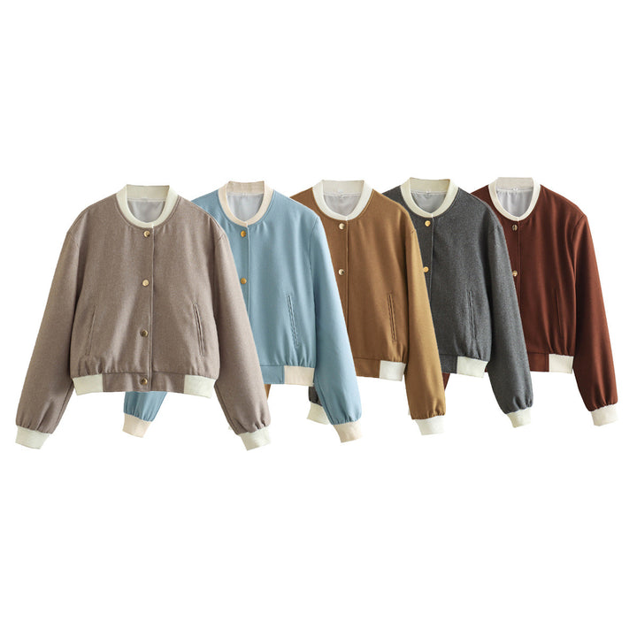 Women's Short Jacket in College Bomber Style with Concealed Snap Button Placket and Contrasting Ribbed Cuffs Mune Fashion