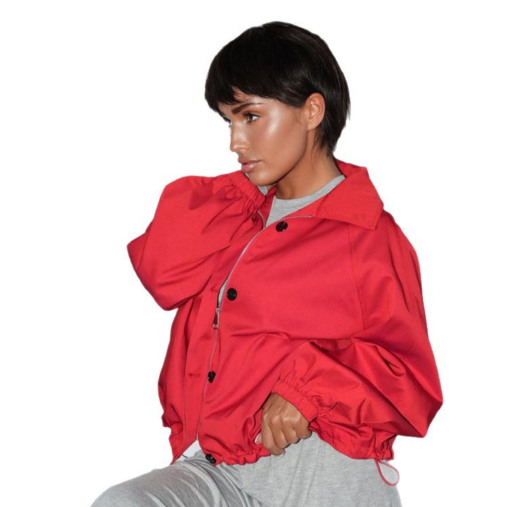 Women's Short Boxy Bomber Jacket with Drawstring and Balloon Sleeves Mune Fashion