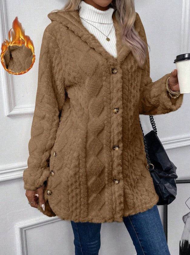 Women's hooded teddy coat with cable pattern, decorative buttons and warm fleece lining Mune Fashion