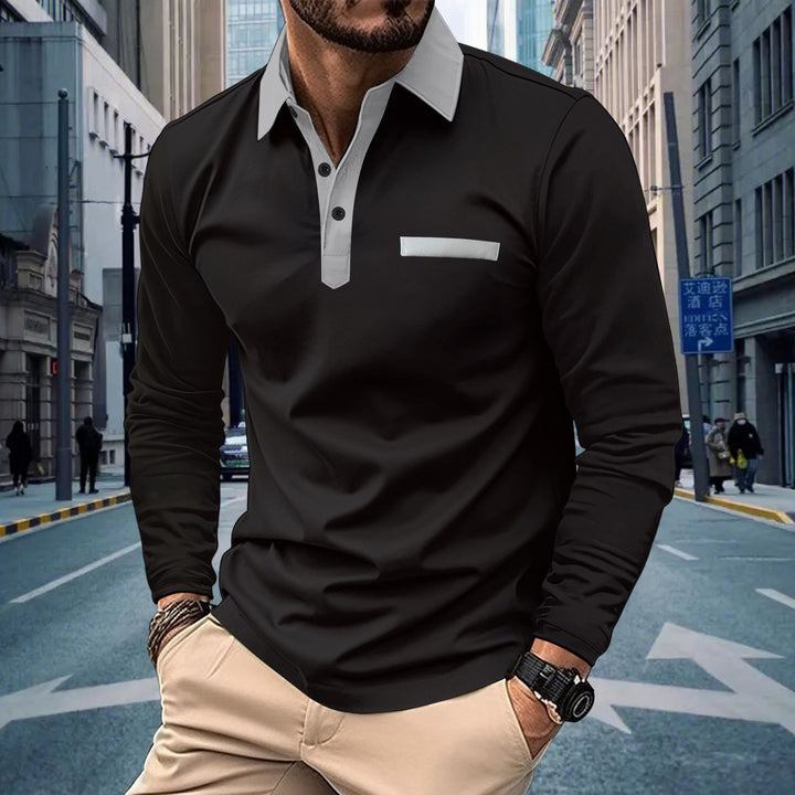Men's long sleeve polo shirt with contrasting collar, concealed button placket, and decorative chest stripe Mune Fashion