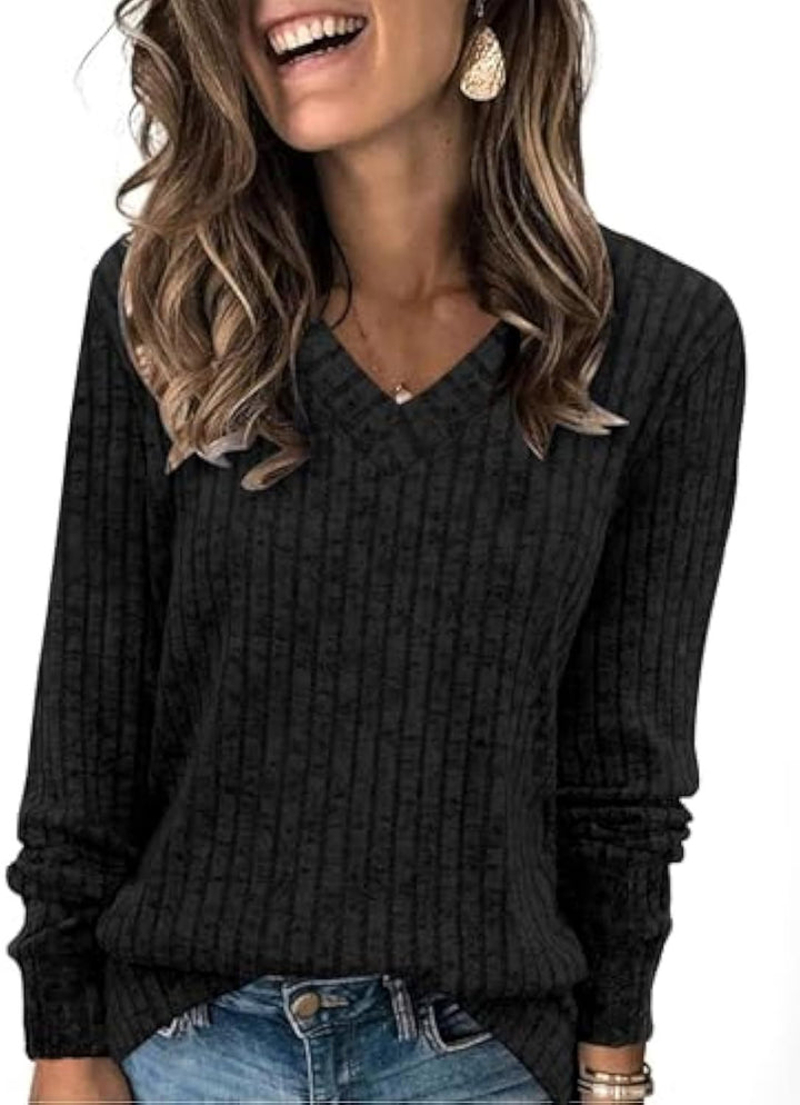 Women's ribbed V-neck fine-knit pullover with longer sleeves Drune