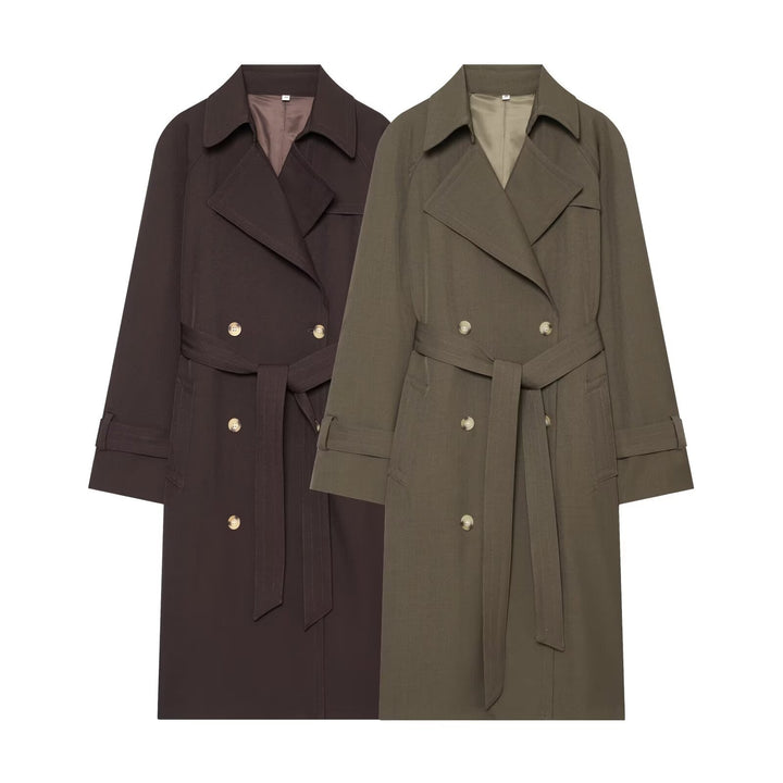 Ladies Longline Double-breasted Trench Coat with Waist Belt, Decorative Seams and Lapel Collar Drune