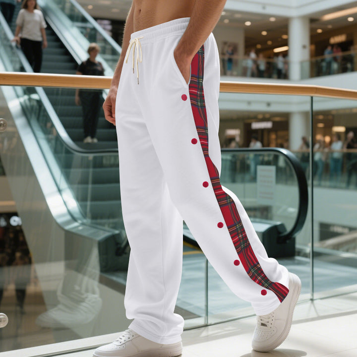 Men's checked side stripe joggers with snap button fly and elastic drawstring Mune Fashion