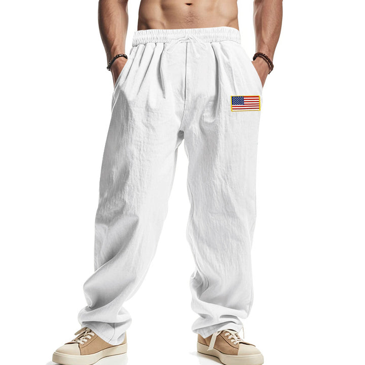 Men's loose-fitting leisure pants in linen look with elastic waist, drawstring & flag patch Mune Fashion