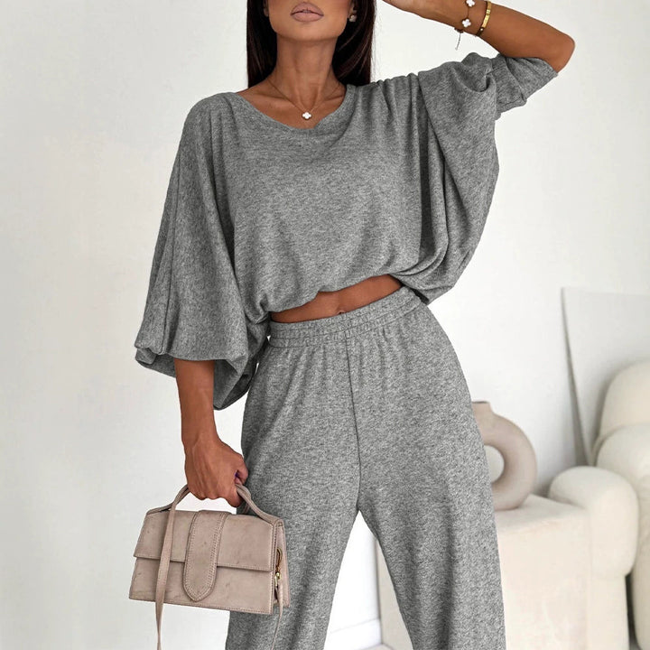 Women Casual Knit Lounge Set with Batwing Sleeves and High-Waist Jogger Pants Drune