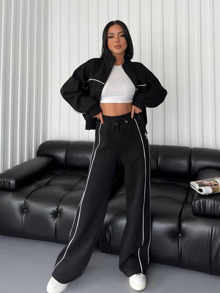 Women's nan Oversized Tracksuit Set with Zipper High Collar and Contrast Piping Mune Fashion
