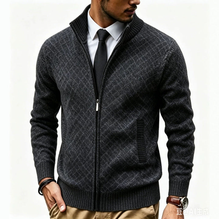 Men's Structured Cardigan with Stand-up Collar and Diamond Jacquard Mune Fashion