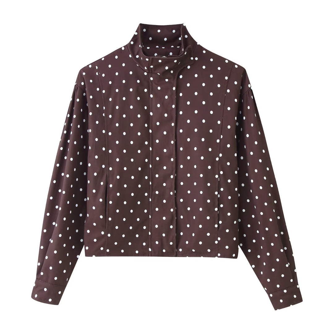 Women Polka Dot Short Jacket with Stand Collar and Concealed Snap Button Placket Mune Fashion