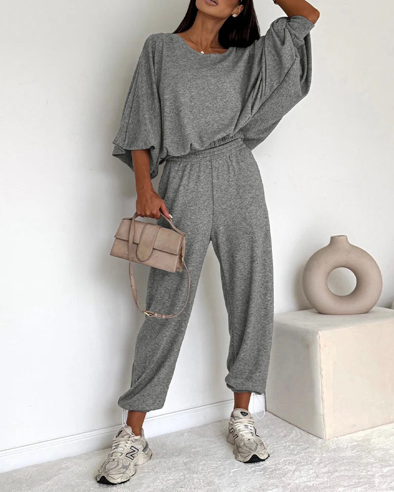 Women Casual Knit Lounge Set with Batwing Sleeves and High-Waist Jogger Pants Drune