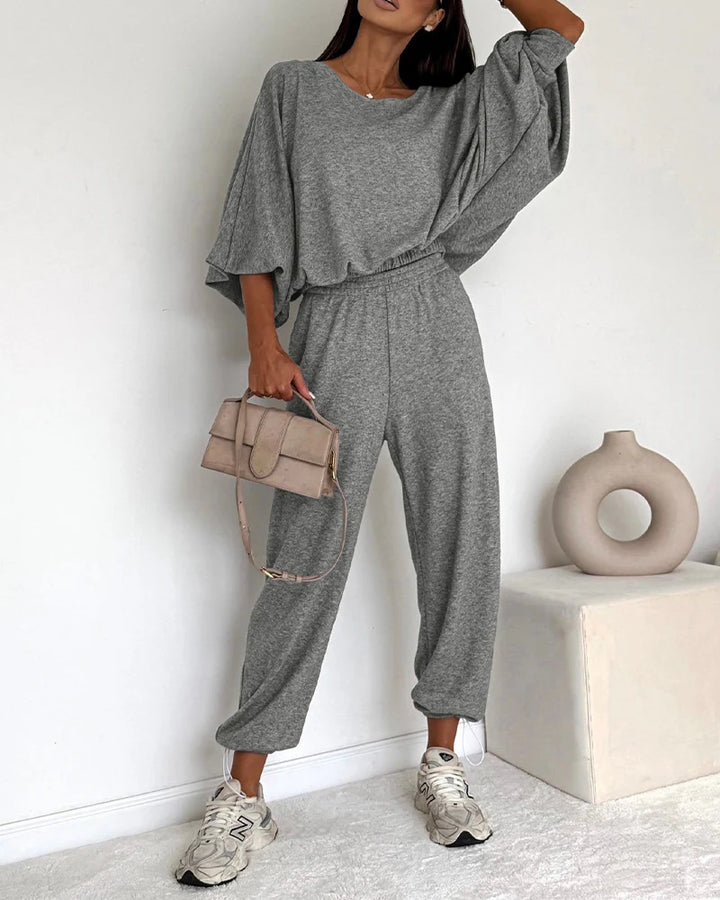 Women Casual Knit Lounge Set with Batwing Sleeves and High-Waist Jogger Pants Drune