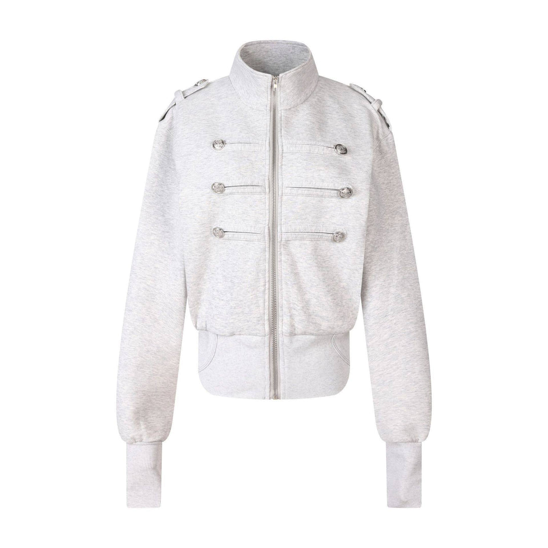 Women's Short Sweat Jacket in Military Style with Stand-Up Collar and Decorative Patches Mune Fashion