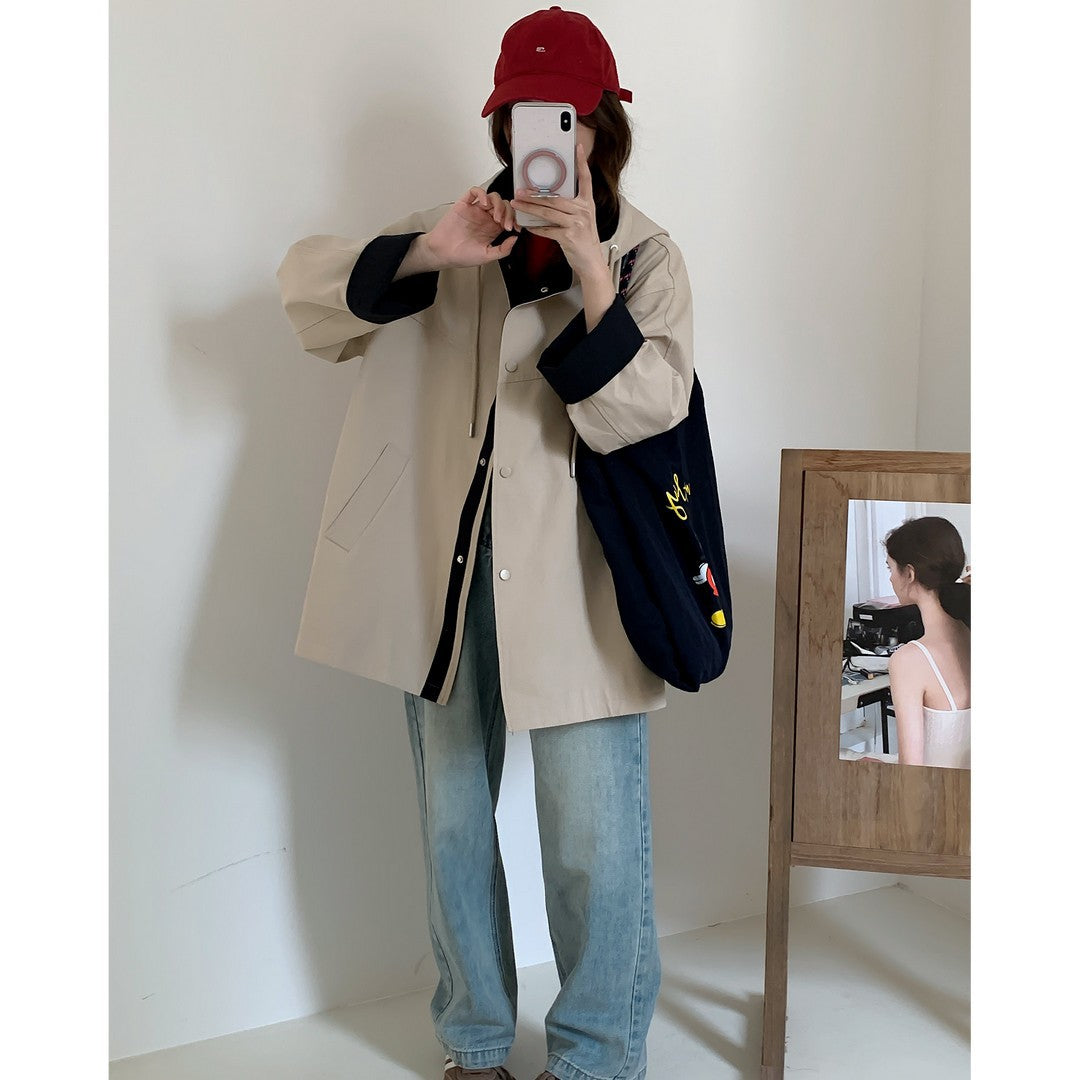 Women Oversize Hooded Jacket with Contrasted Hem and Snap Button Placket Mune Fashion