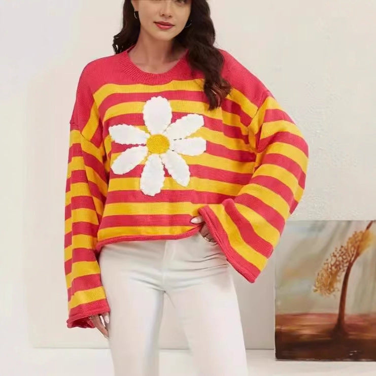 Women's Fashion Striped Crop Sweater with Floral Pattern