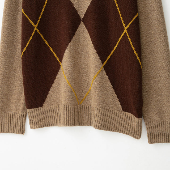 Ladies Argyle V-neck pullover made of fine knit with raglan sleeves and ribbed cuffs Mune Fashion