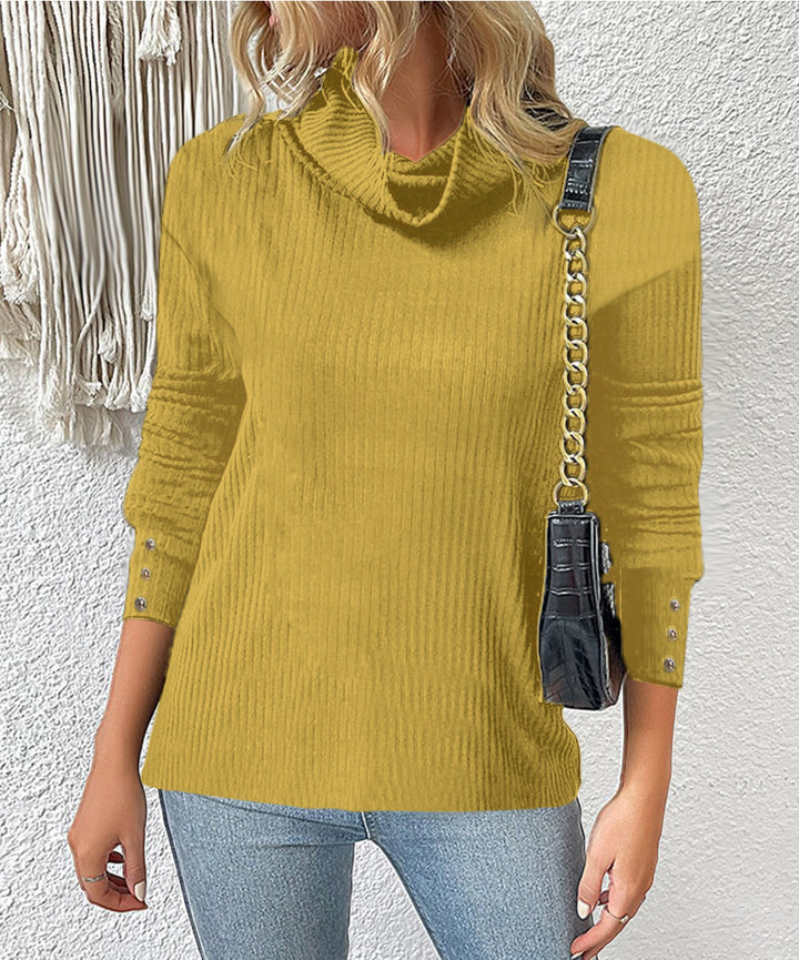 Women's Ribbed Turtleneck Sweater with 3/4 Sleeves and Decorative Button Placket Mune Fashion