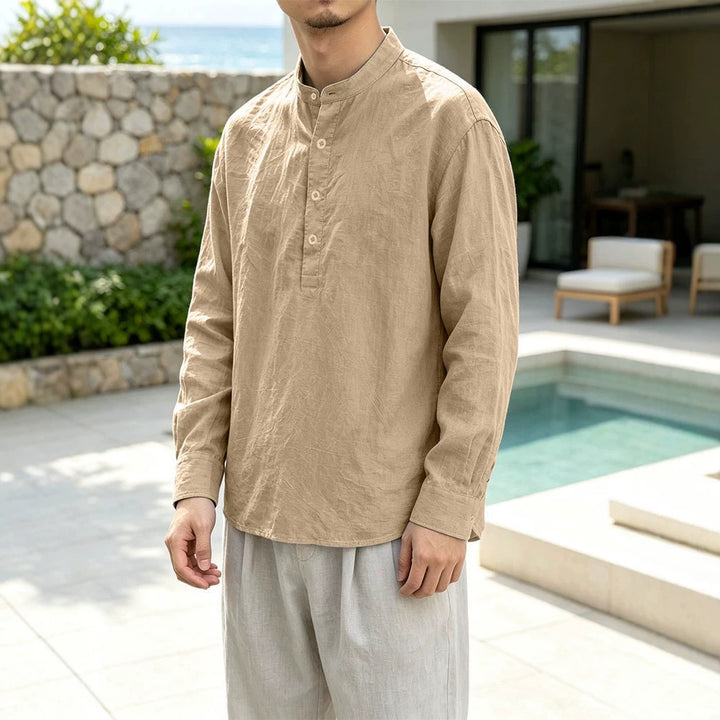 Men's Linen Blend Long Sleeve Henley Shirt with Stand Collar Mune Fashion