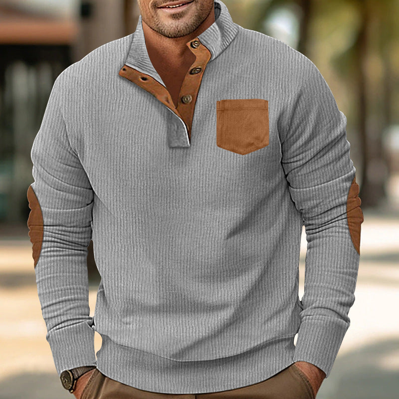 Men's structured half-button Troyer with Kent collar, chest pocket, and leather-look elbow patches Mune Fashion