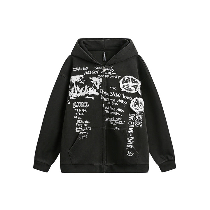 Unisex Oversize Hooded Zip Jacket with Artistic Print Mune Fashion