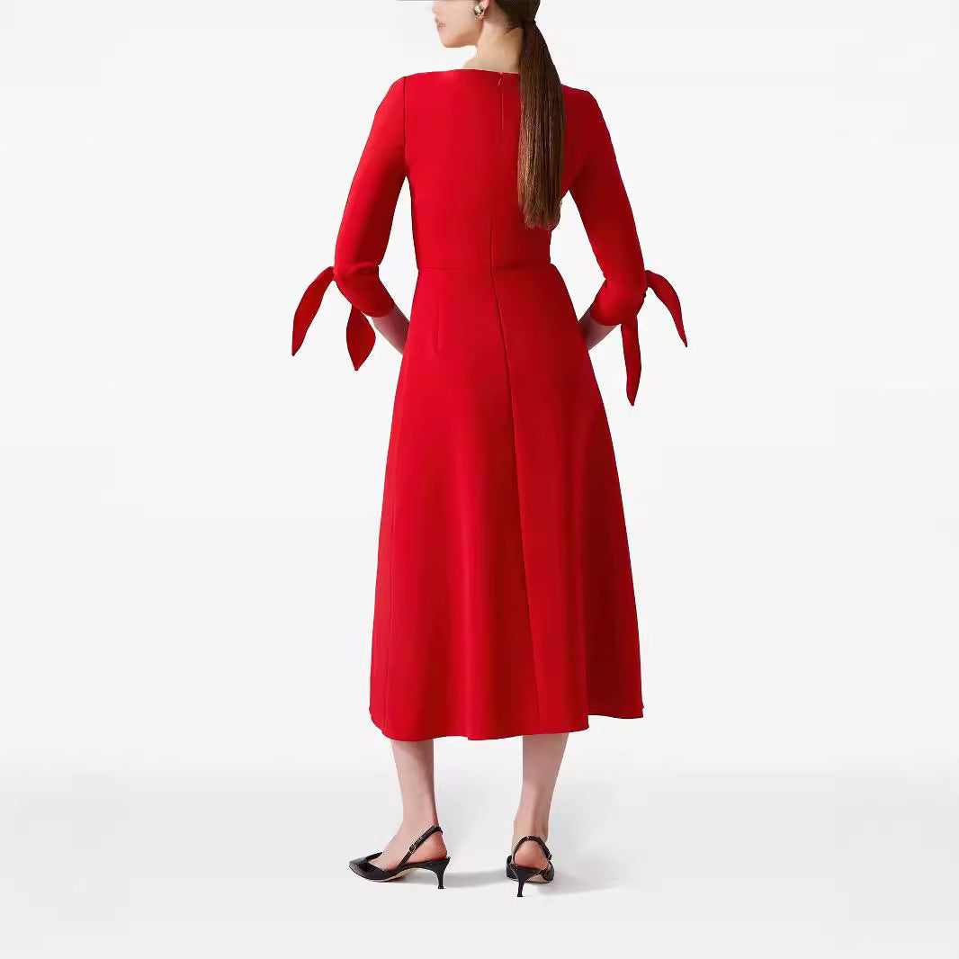 Women's Tailored Midi Dress with V-Neck and Bow Cuffs Mune Fashion