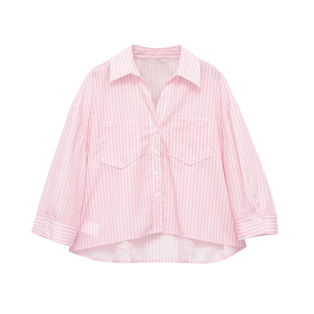 Women Oversized Shirt Blouse with Breast Pockets and Extended Back Hem Mune Fashion