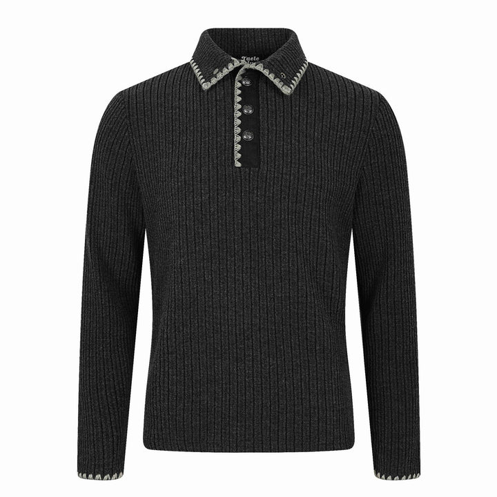 Men's Ribbed Polo Collar Sweater with Decorative Seam and Button Placket Mune Fashion