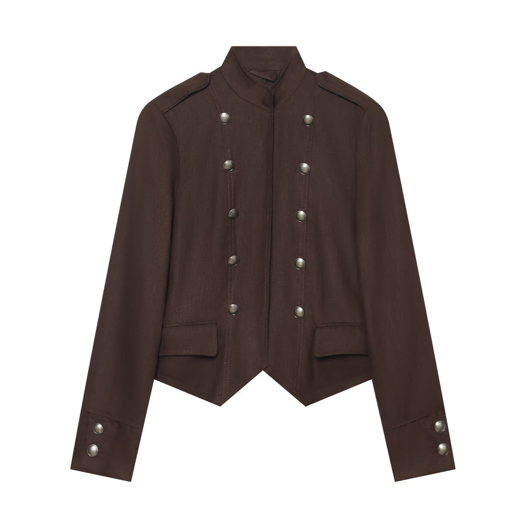 Women Short Military-Inspired Double-Breasted Jacket with Stand Collar and Flap Pockets Mune Fashion