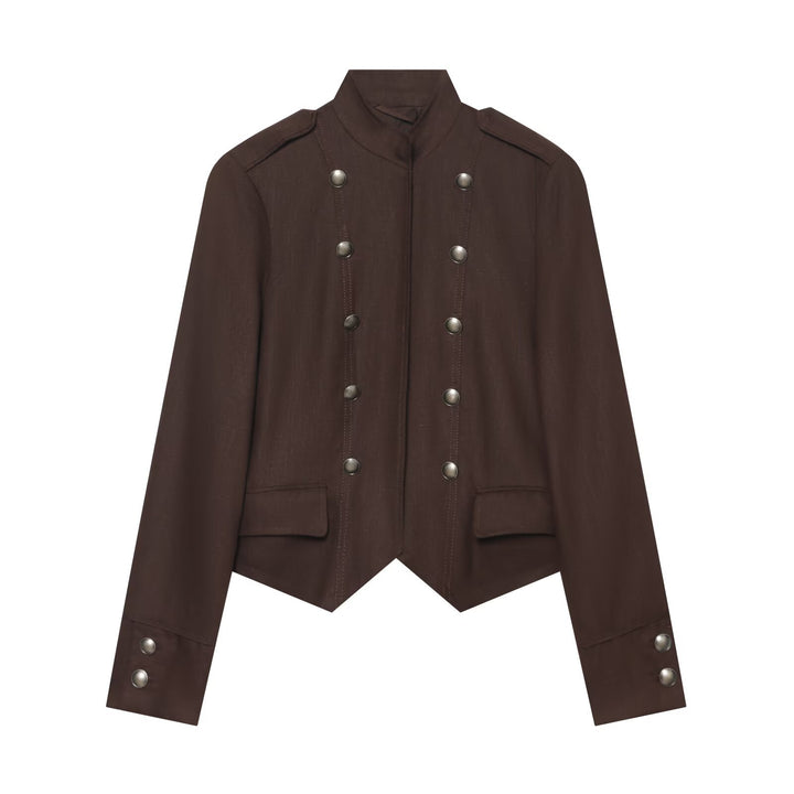 Women Short Military-Inspired Double-Breasted Jacket with Stand Collar and Flap Pockets Mune Fashion