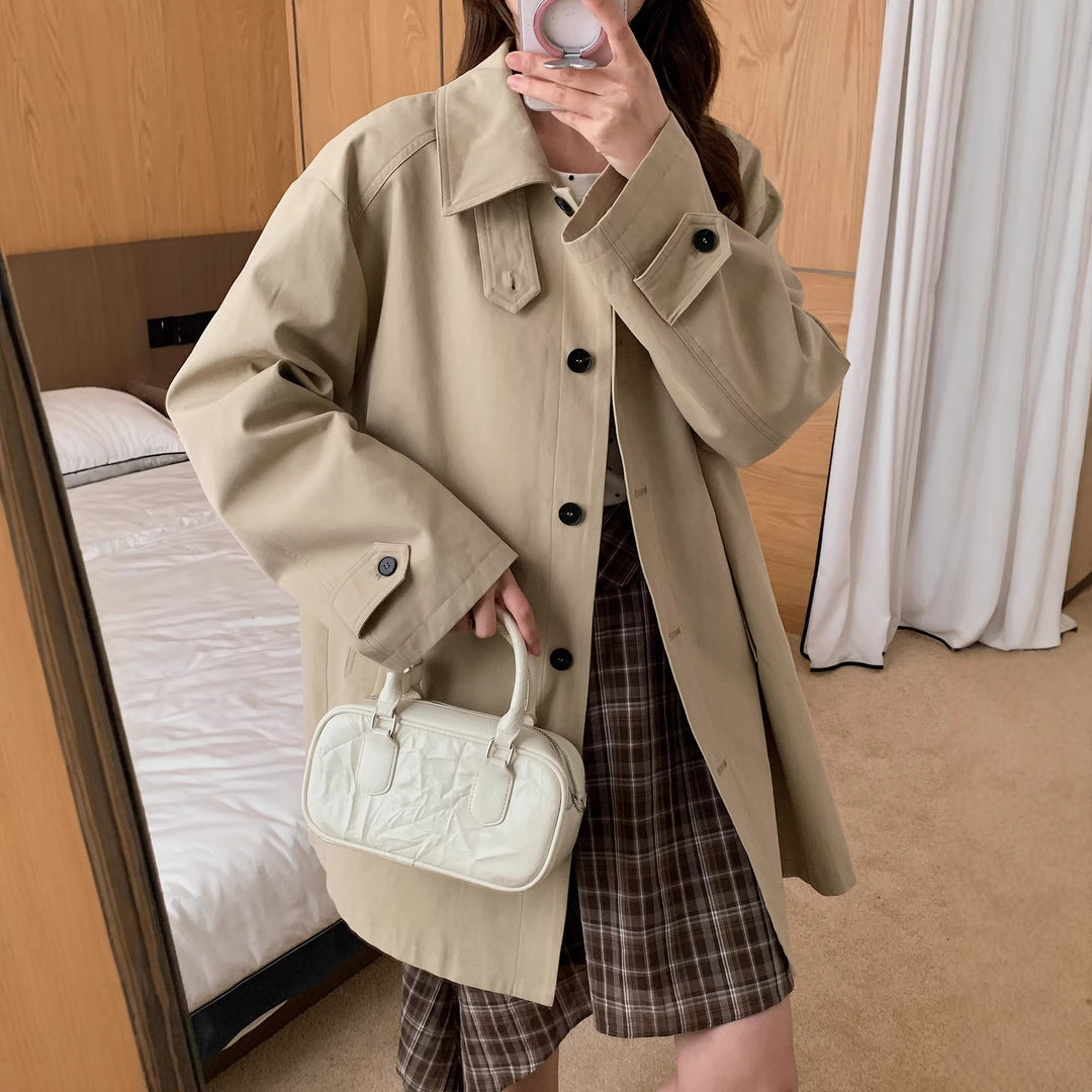 Women Boxy Short Coat with High Stand Collar Visible Button Closure and Side Pockets Mune Fashion