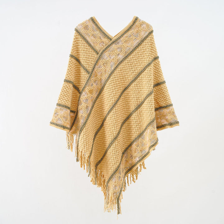 Women Oversized Knit Cape with Textured Waffle Knit Look and Cable Border Mune Fashion