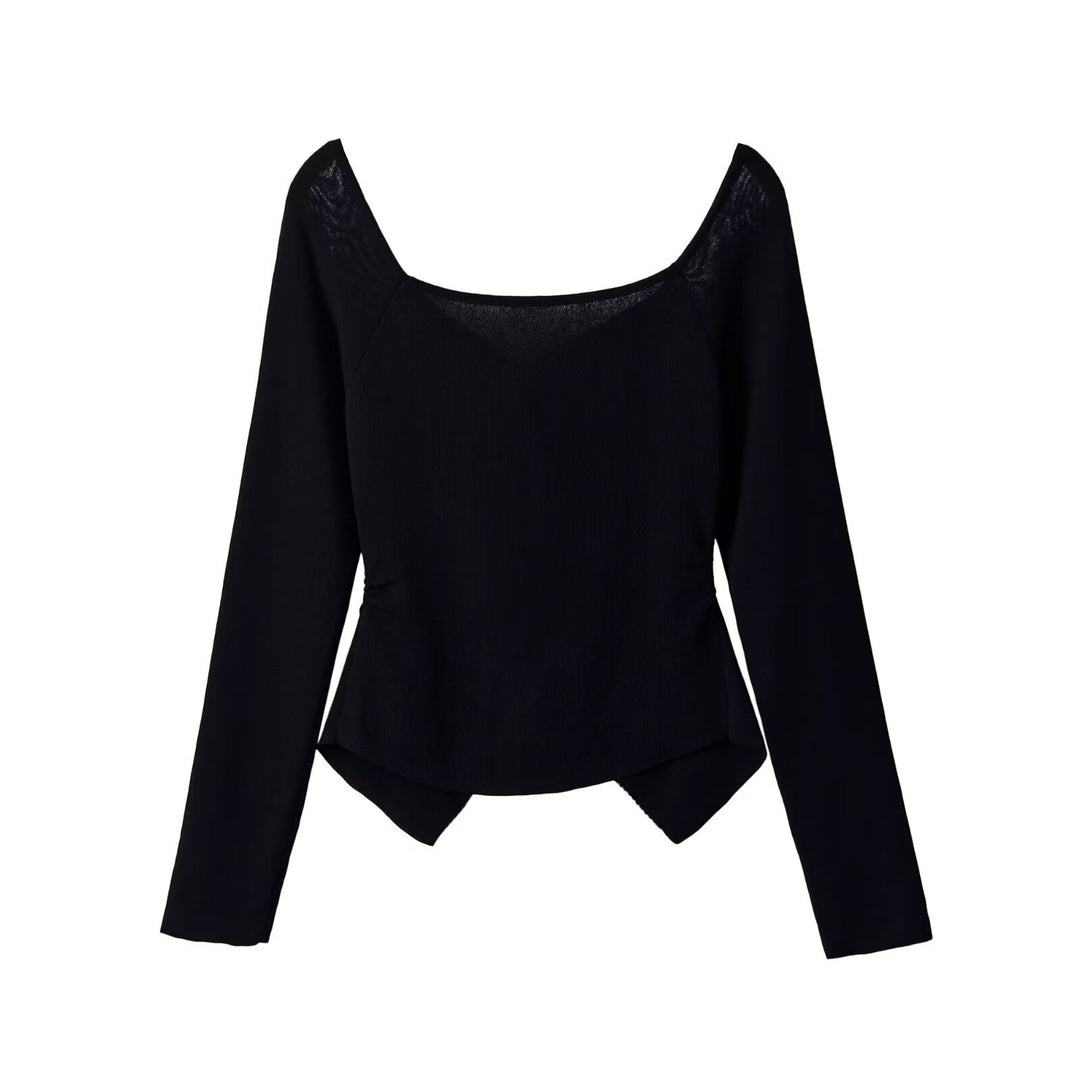 Women's Ruffled Long Sleeve Top with Square Neckline, Asymmetric Button Placket and Peplum Mune Fashion