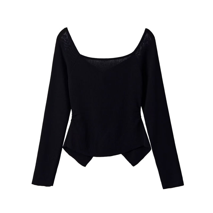 Women's Ruffled Long Sleeve Top with Square Neckline, Asymmetric Button Placket and Peplum Mune Fashion