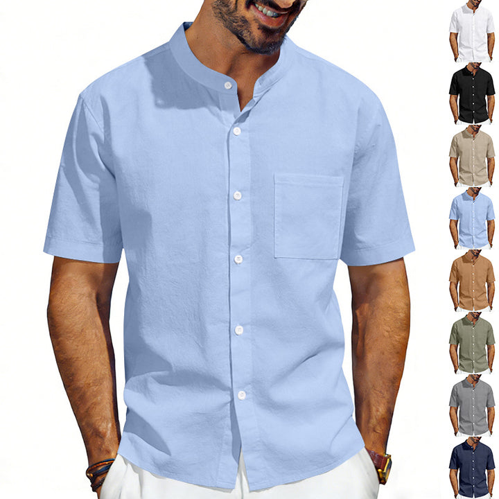 Men's short-sleeved linen shirt with stand-up collar and chest pocket Mune Fashion