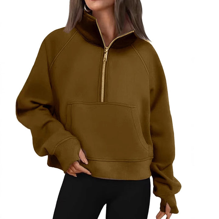 Women's short half-zip sweater with high stand collar, kangaroo pocket, and extended thumbholes Mune Fashion