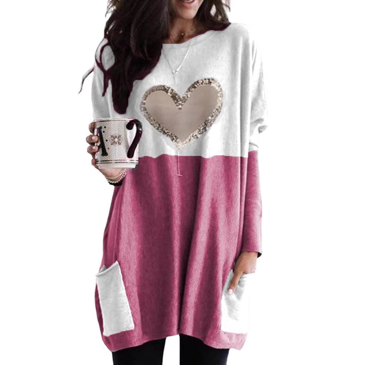 Women's Oversized Long Sweater Tunic with Sequin Heart and Patch Pockets Mune Fashion