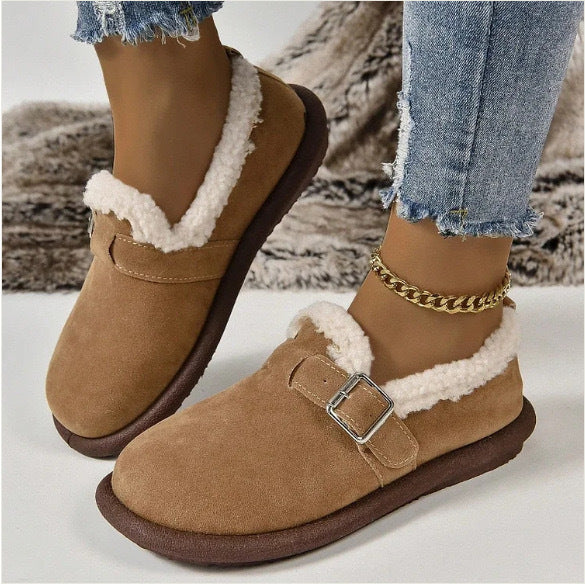 Women's Fleece Lined Velour Imitation Slippers with Adjustable Buckle Strap Mune Fashion