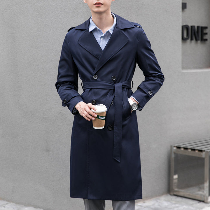 Men Water-repellent Trench Coat with Double Row, Classic Lapels and Waist Belt Mune Fashion