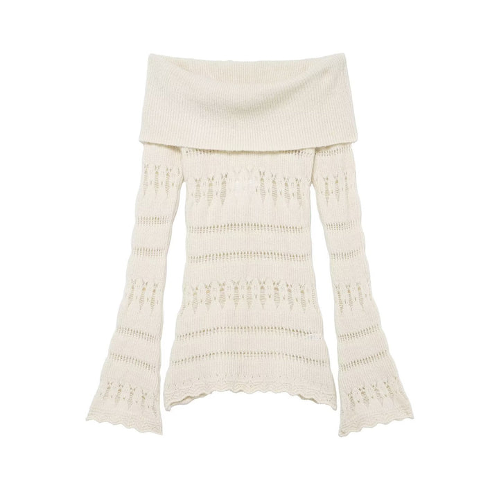 Women's Off-Shoulder Fine Knit Sweater with Folded Roll Neck and Bell Sleeves Mune Fashion
